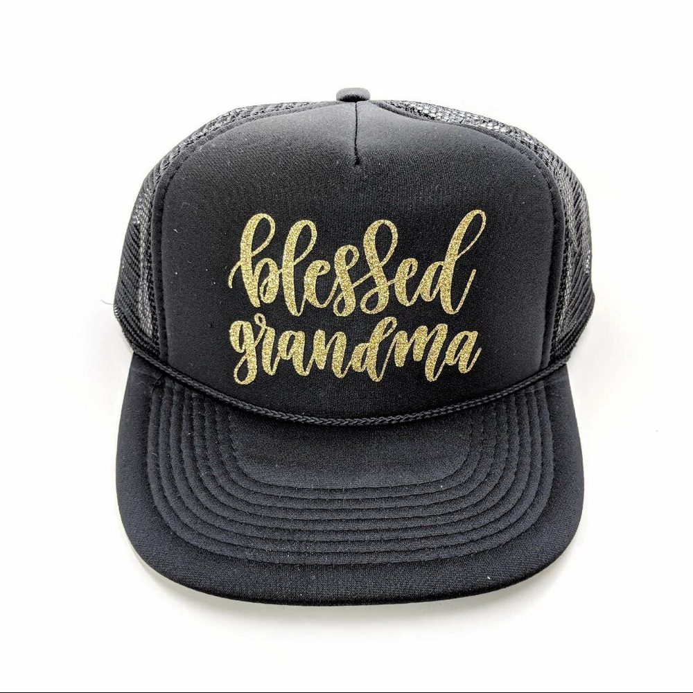Blessed Grandma gold glitter black trucker hat